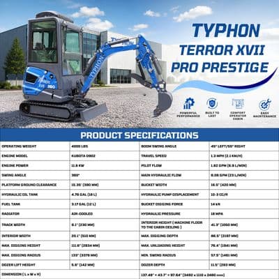 TYPHON TERROR XVII PRO Prestige Edition – Enclosed Mini Excavator with AC, Heater & Ergonomic Comfort thumbnail 3