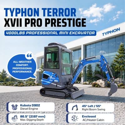 TYPHON TERROR XVII PRO Prestige Edition – Enclosed Mini Excavator with AC, Heater & Ergonomic Comfort thumbnail 11