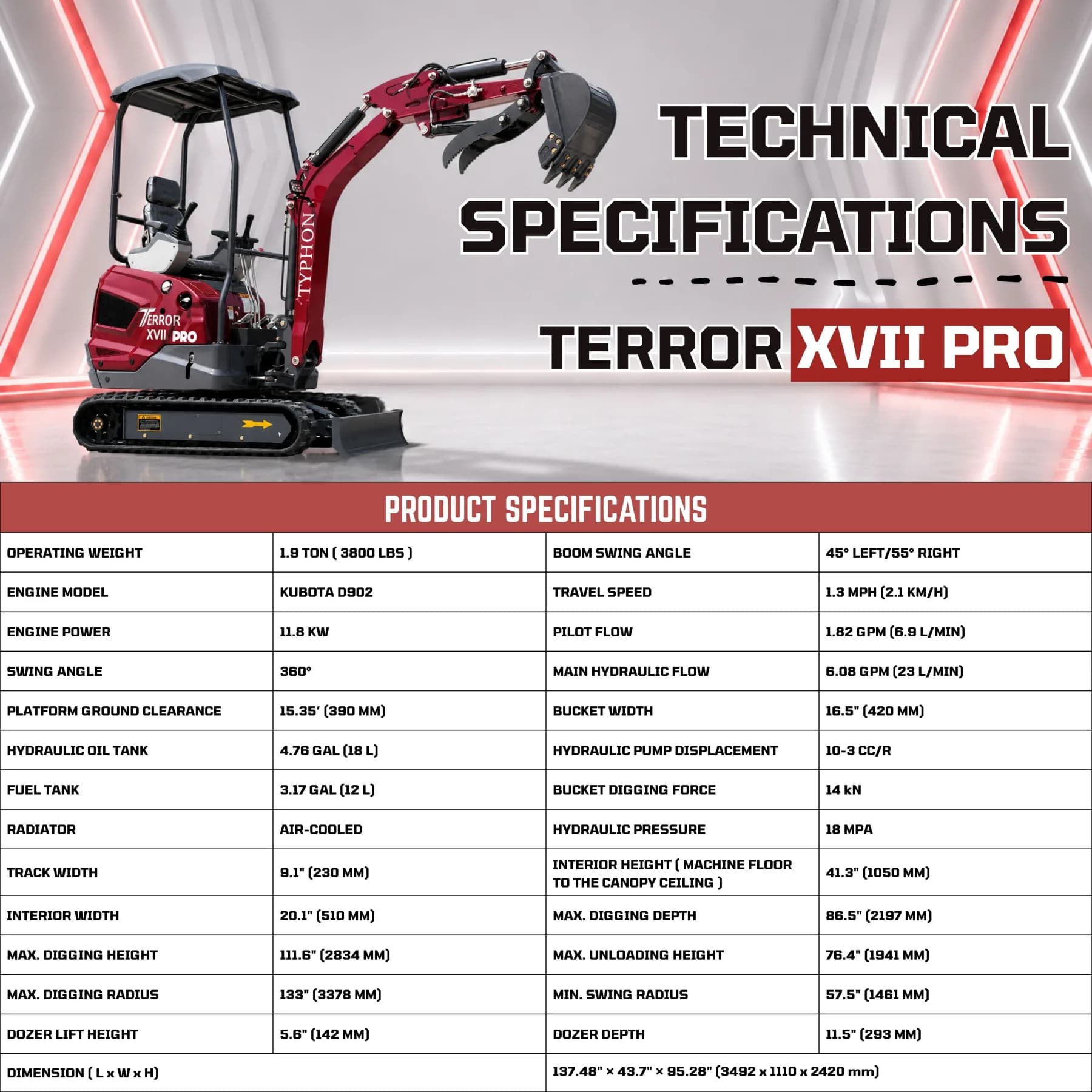 TYPHON TERROR XVII PRO 3800 lbs Mini Excavator Kubota Diesel, Hydraulic Thumb, Dozer Blade & Boom Swing thumbnail 2