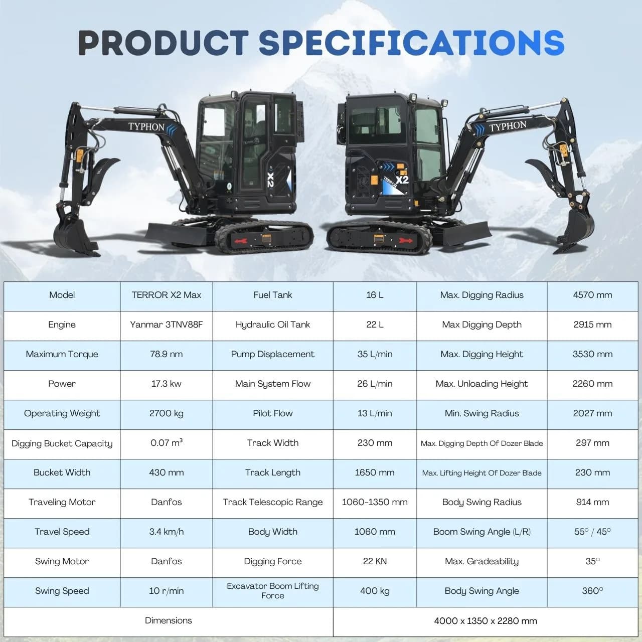 TYPHON TERROR X2 MAX 2.7-Ton Mini Excavator Powerful, Yanmar Engine, Cabin with A/C & Heater, Pilot Control, Boom Swing