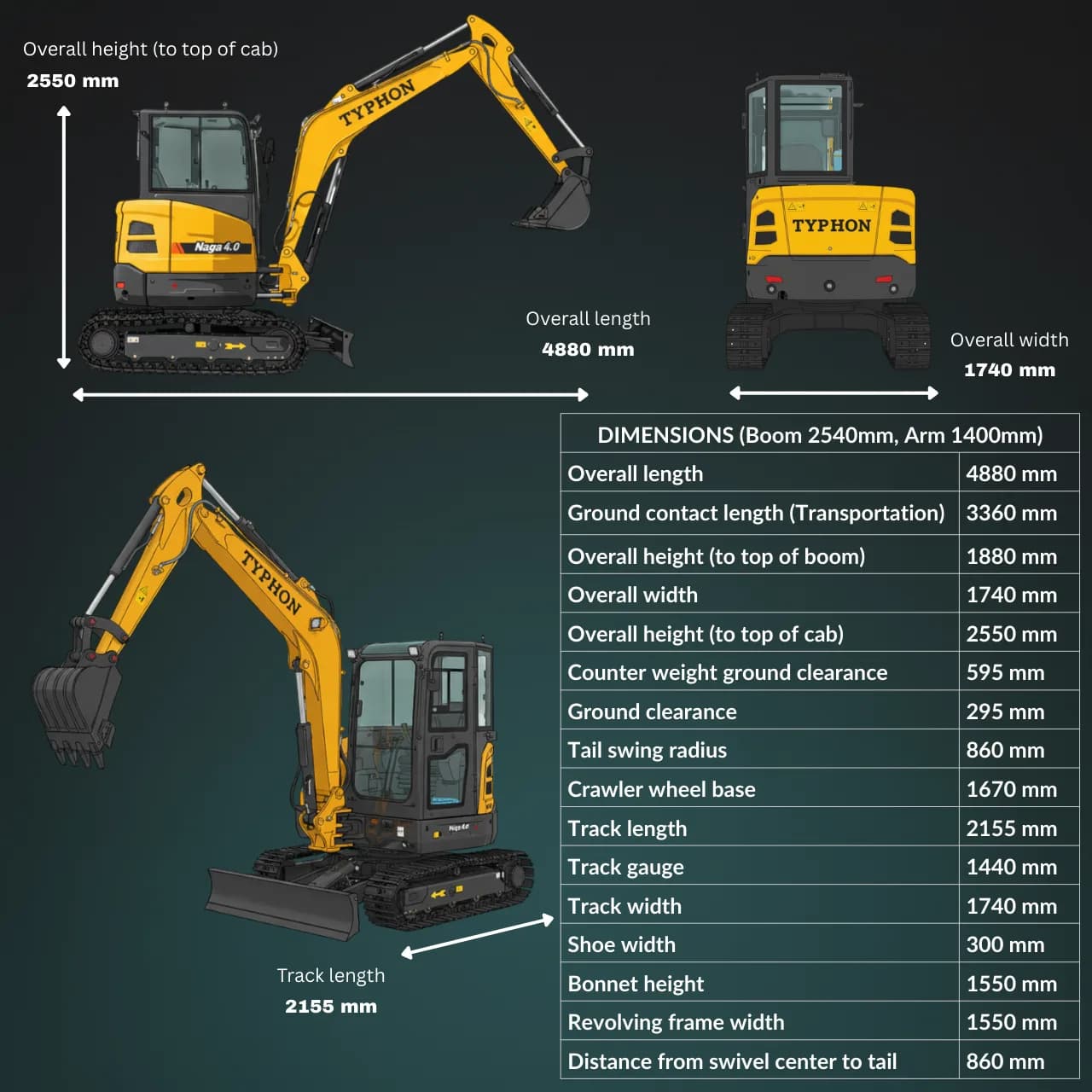 TYPHON NAGA 4.0 Mini Excavator with 4 Ton 24.4hp Yanmar Diesel Engine Metal Track ISO SAE control switch, AC Heater Cabin, 2 Travel Speed thumbnail 2