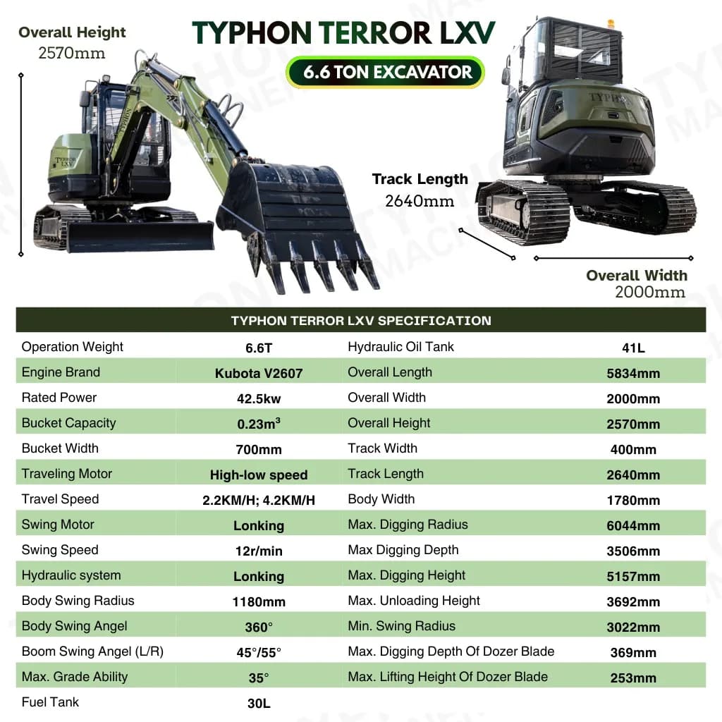 TYPHON TERROR LXV 6.6 Ton Excavator Kubota V2607 56.9HP AC/Heater Cabin Boom Swing thumbnail 2