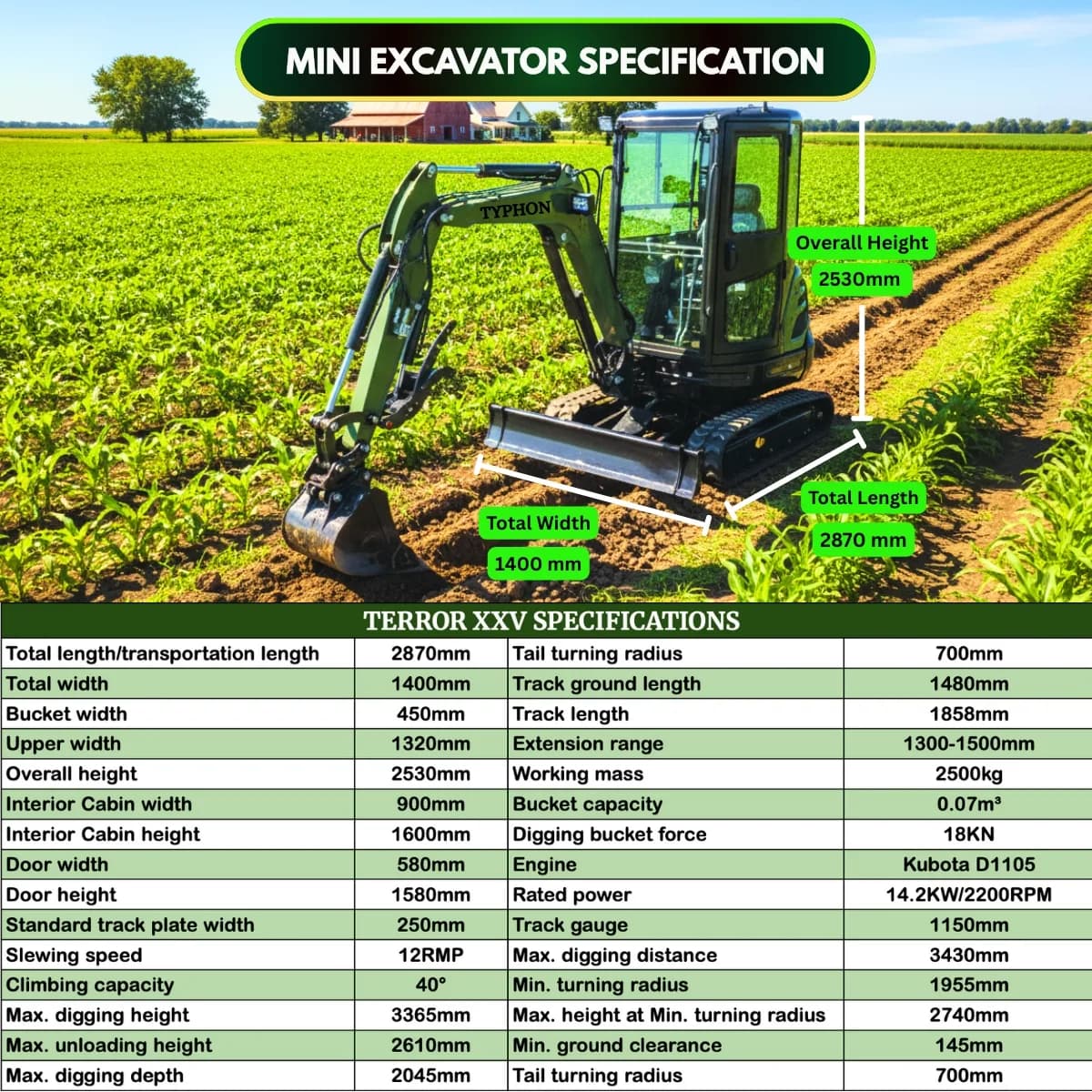 TYPHON TERROR XXV Diesel Mini Excavator 2.7 Ton, 25.1 hp Kubota D1105 RetractableTracks, AC Cabin thumbnail 2