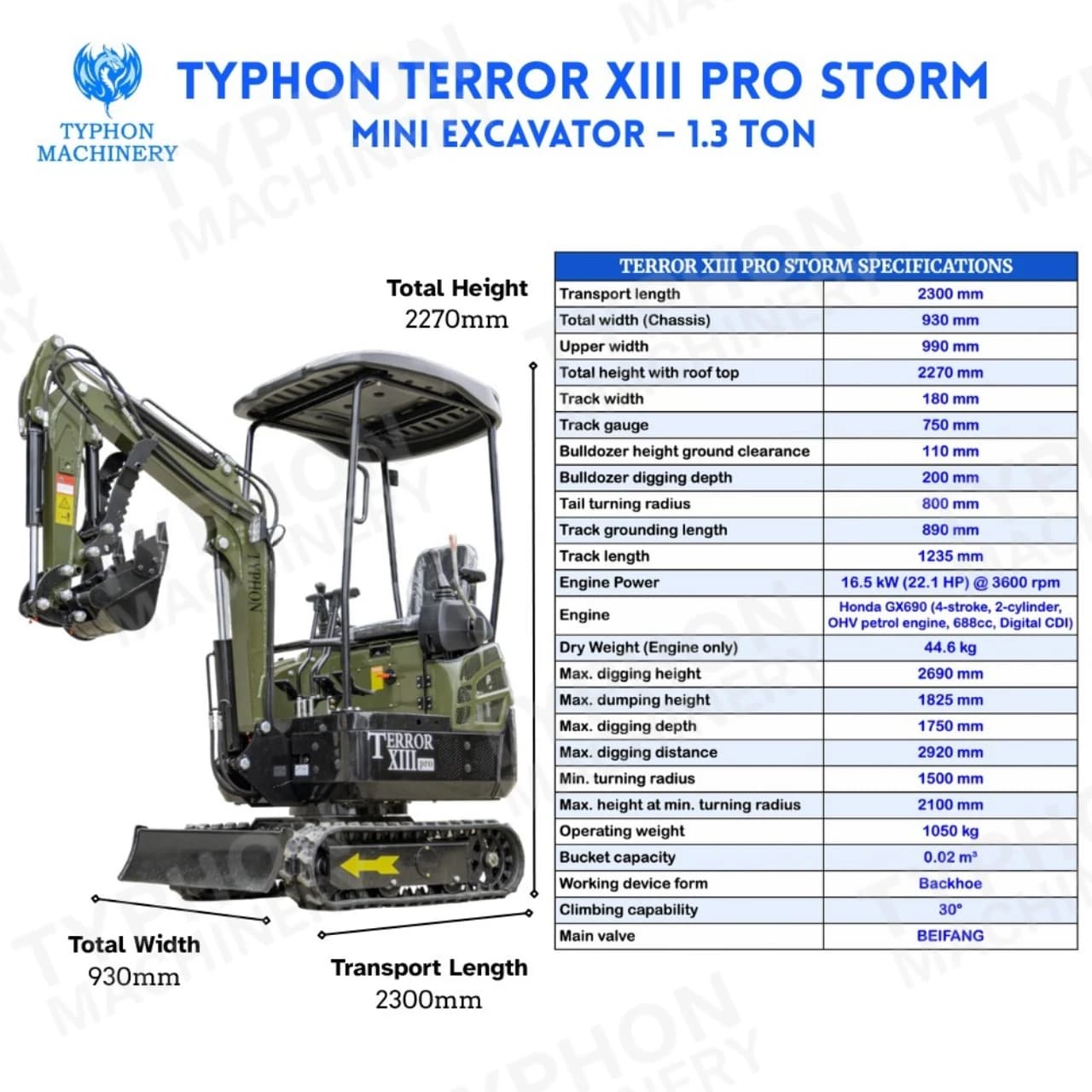 TYPHON TERROR XIII PRO Mini Excavator – 1.3 Ton Trench Digger with Canopy, Hydraulic Thumb Clip, 22.1hp Honda Engine USA thumbnail 2