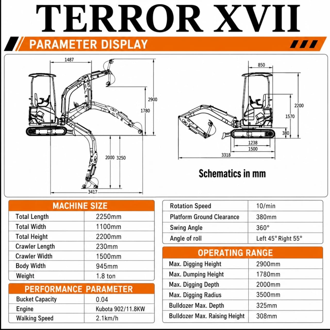 2025 4,000 lb TYPHON TERROR XVII Cabin Mini Excavator Rubber Track with Kubota D902 Diesel Engine USA thumbnail 2