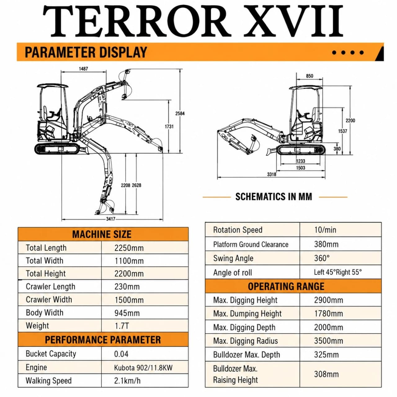 2025 3,800 lb TYPHON TERROR XVII Mini Excavator Rubber Track with Kubota D902 Diesel Engine USA thumbnail 2