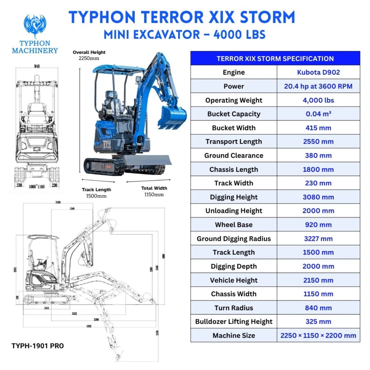 TYPHON TERROR XIX STORM Mini Excavator – 4000lbs Trench Digger with Boom Swing, Canopy, Retractable Tracks thumbnail 2