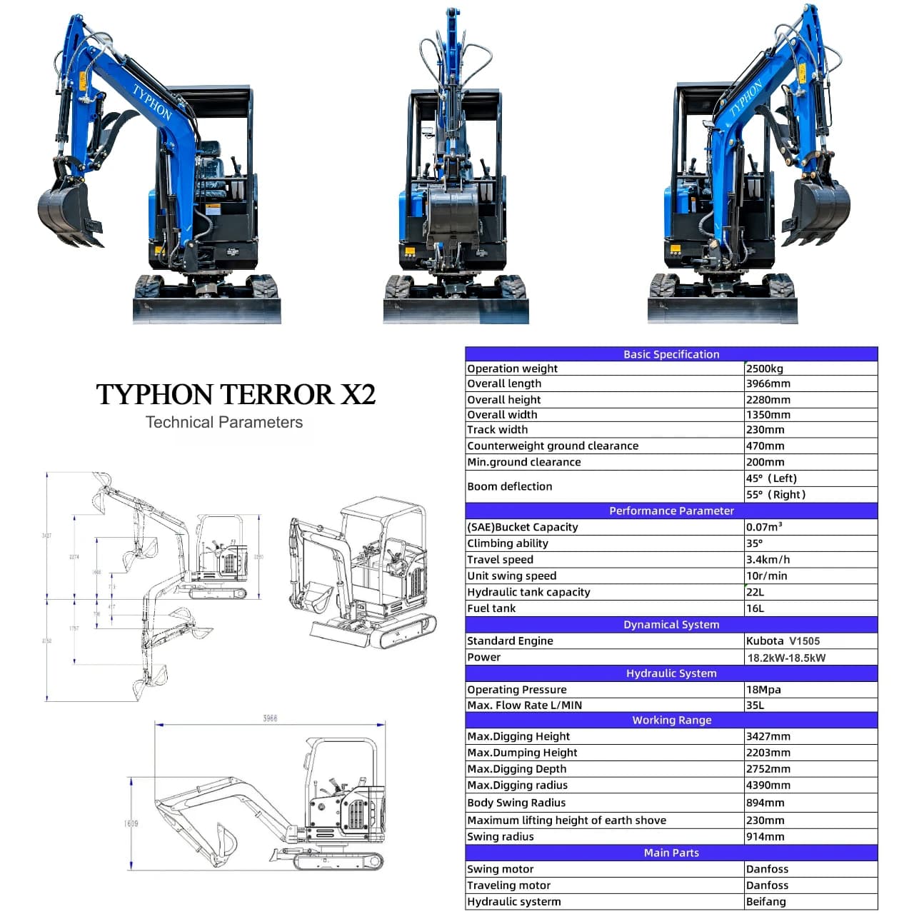 TYPHON TERROR X2 STORM Mini Excavator 2.5 Ton Diesel Kubota V1505 Engine USA thumbnail 2