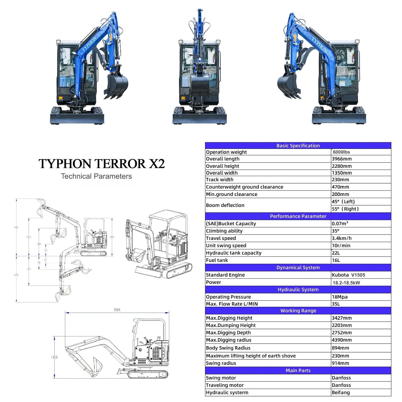 TYPHON TERROR X2 Mini Excavator 2.7 Ton EPA Diesel Kubota V1505 Engine USA