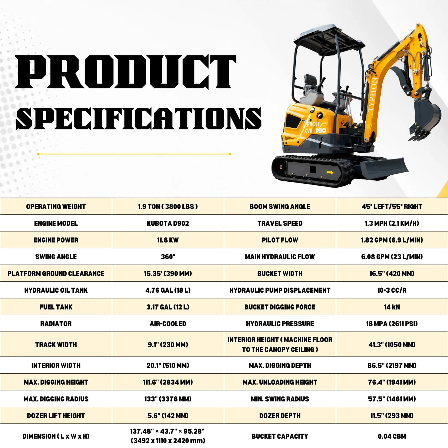 TYPHON TERROR XVII PRO 3800 lb Mini Excavator, Kubota D902 Diesel, Hydraulic Thumb, Pilot Controls, 14kN Dig Force thumbnail 2