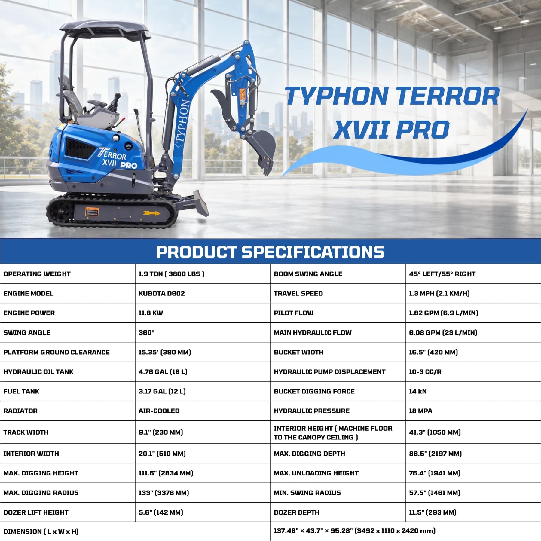 New TYPHON TERROR XVII PRO 3800 lb Mini Excavator – Kubota Diesel, Premium Hydraulics, 14kN Dig Force, Boom Swing thumbnail 2