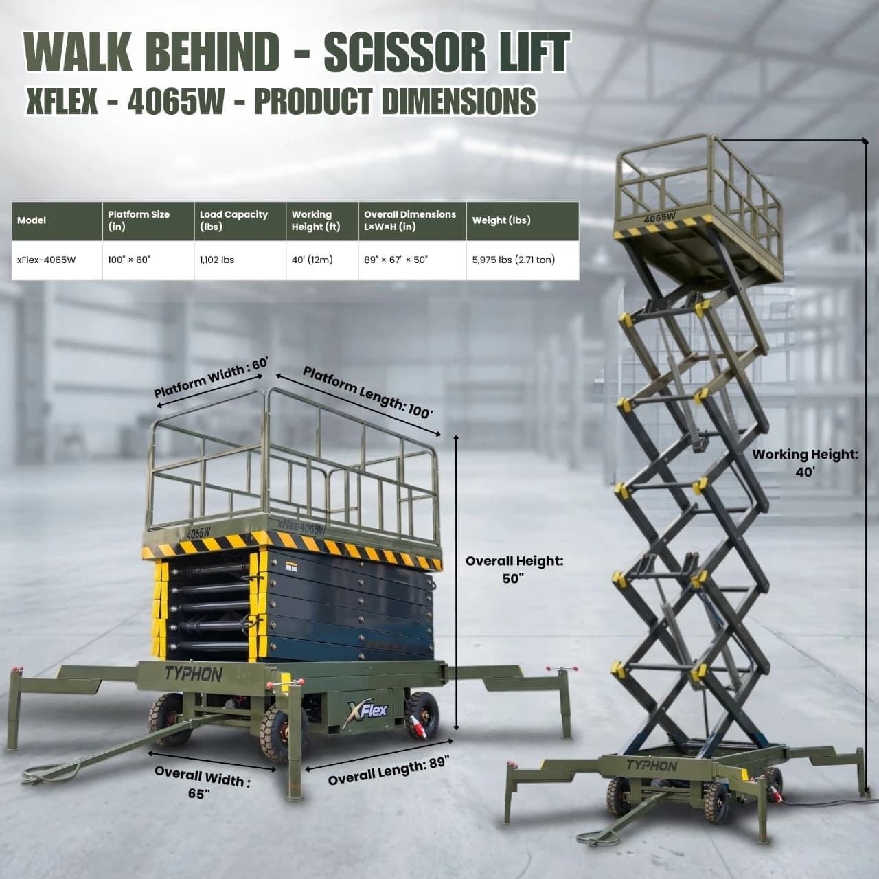 TYPHON xFlex-4065W Walk-Behind Scissor Lift 2.7 Ton with Assisted Walking, Manual outriggers of 40 ft lifting Height & 110V Electric thumbnail 2